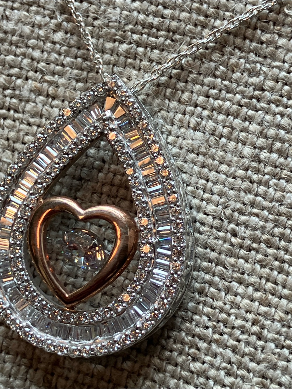 Teardrop Pendant Necklace with Rose Gold Heart and Clear Crystals